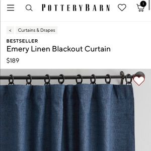 Two Pottery Barn Emery Linen Blackout Curtain Panels in navy blue/denim